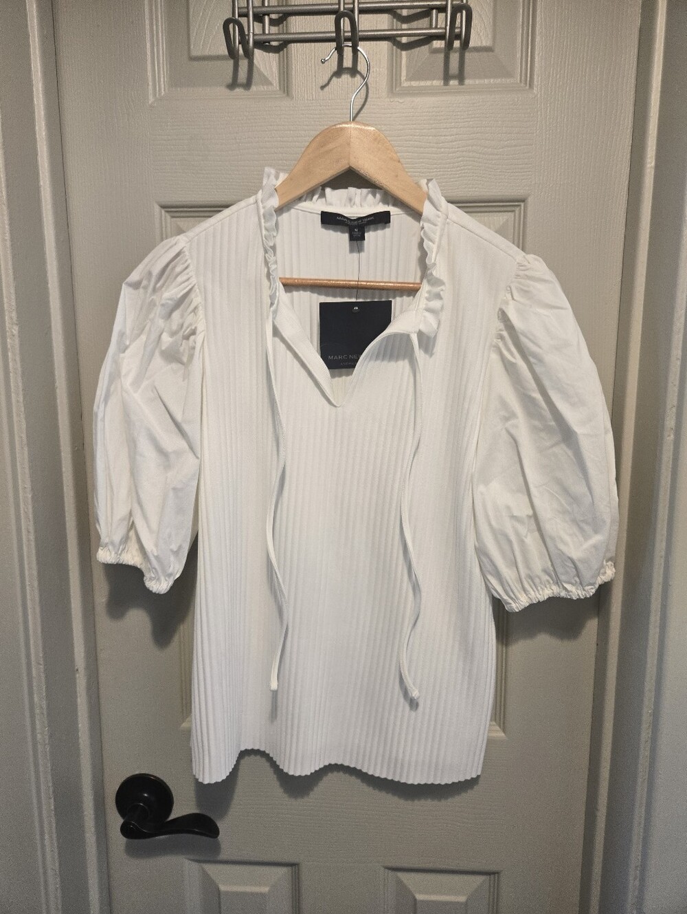 Marc New York White Ruffled Tie-Neck Puff Sleeve Blouse sz M